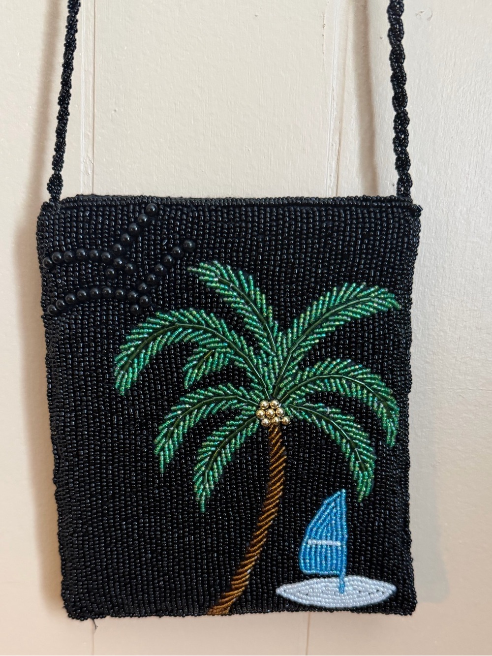 Ermo Beaded Black Palm Tree Sailboat Bag Purse